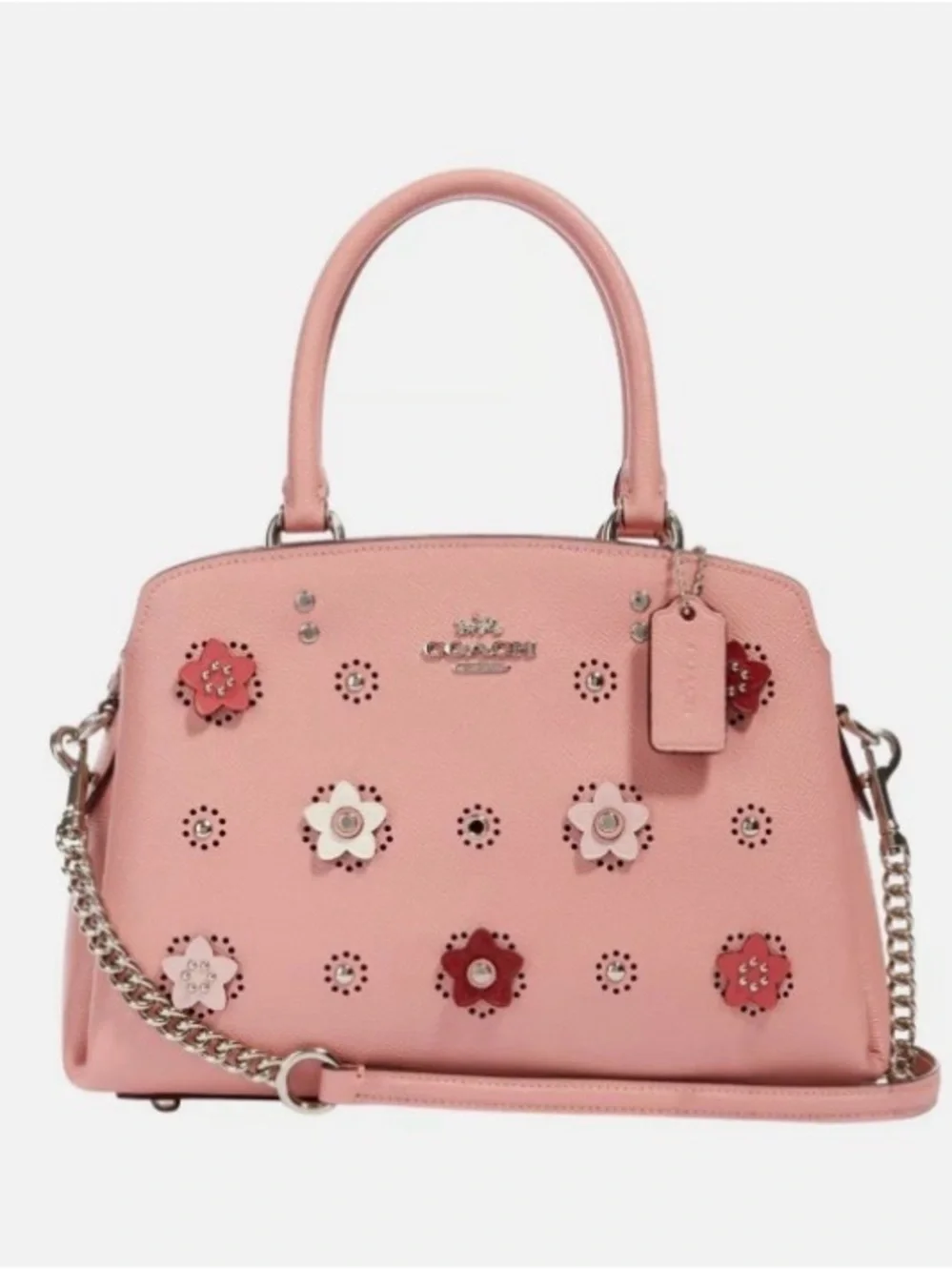 Coach Pink Floral Appliqué Satchel with Red & Cream Accents